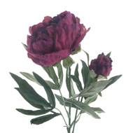 Pivoine Joy artificielle H 67 cm 2 tetes 3 feuilles effet texturé Rose fushia
