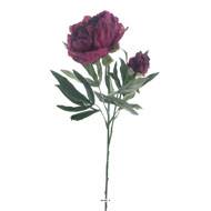 Pivoine Joy artificielle H 67 cm 2 tetes 3 feuilles effet texturé Rose fushia