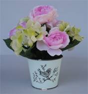 Jolies fleurs artificielles cimetière pivoines et hortensias en pot déco H28 cm D35 cm Rose pâle
