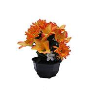 Vasque fleurs artificielles cimetière gerberas et lys H 28 cm D 25 cm Orange