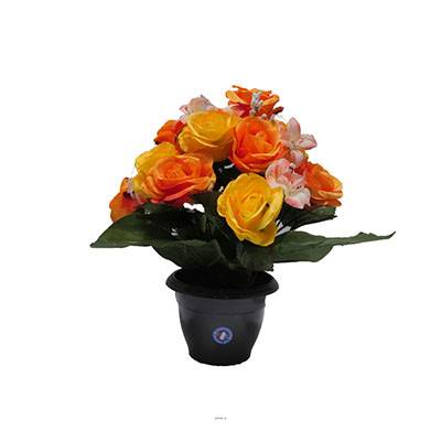 Fleurs artificielles cimetière pot de roses, min fleurs et gypsophiles H 36 cm D 32 cm Orange