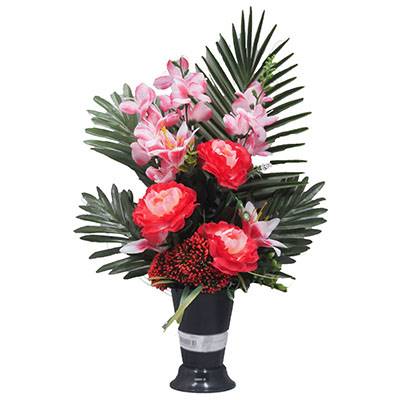 Cône fleurs artificielles cimetière camélias et lys Rose fushia