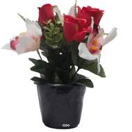 Pot de Rose, Lys et Orchidée artificiels pour la Toussaint Rouge