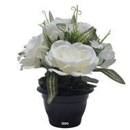 Pot de roses, bouton de rose et mini fleurs creme artificiels pour la Toussaint