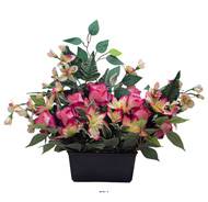 Devant de tombe fleurs artificielles pour le cimetière roses, Orchidées et lys H 50 cm Rose soutenu