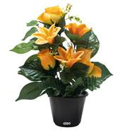 Pot de Boutons de Roses fleurs artificielles pour le cimetière H 34 cm D 23 cm Jaune