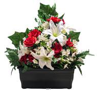 Devant de tombe fleurs artificielles pour le cimetière roses, mini-fleurs et lys H 60 cm Rouge-orang