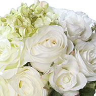 Bouquet de Roses et Hortensias factices Blanc-Vert 13 têtes D28cm