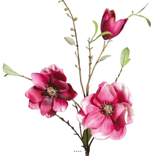 Magnolia artificiel H 90 cm Fuchsia en branche 2 fleurs et 1 bouton