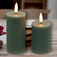 Lot de 2 Bougies Cylindriques Cire Verte 3DF avec Nervures - D 5 cm H 7,5-10 cm