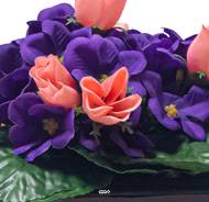 Composition fleurs artificielles cimetière pot carré violettes et mini roses H17 cm D24 cm Rose