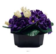 Composition fleurs artificielles cimetière pot carré violettes et mini roses H17 cm D24 cm Blanc nei
