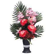 Cône fleurs artificielles cimetière camélias et lys Rose fushia