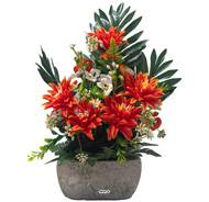 Jardinière pot béton Chrysantheme, Pensée et mini fleurs Orange pour la Toussaint