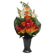 Pot Cone de fleurs artificielles Rose, Lys, Gerbera et Orchidée Orange pour la Toussaint