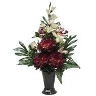 Pot Cone de fleurs artificielles œillet, Bouton de rose, Orchidée et Glaieul Pourpre pour Toussaint