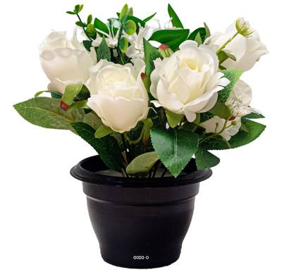 Pot de Boutons de Roses fleurs artificielles pour le cimetière H 27 cm D 24 cm Crème