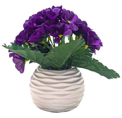 Pot céramique de fleurs artificielles Primeveres pour le cimetière H 18 cm D 15 cm Pourpre