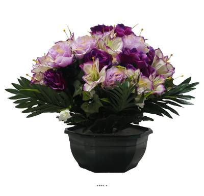 Grande Vasque de Roses fleurs artificielles pour le cimetière H 39 cm D 41 cm Pourpre