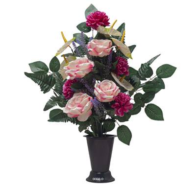 Pot Cône de Dahlias fleurs artificielles pour le cimetière H 60 cm D 40 cm Rose soutenu