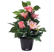 Pot de Boutons de Roses fleurs artificielles pour le cimetière H 34 cm D 23 cm Rose