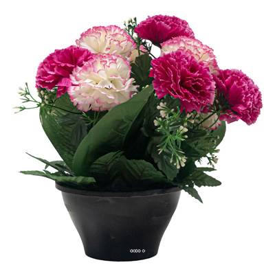 Vasque d'Oeillets fleurs artificielles pour le cimetière H 25 cm D 27 cm Fushia