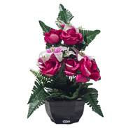 Vasque de Roses et Lys fleurs artificielles pour le cimetière H 43 cm Lg 23 cm Fushia