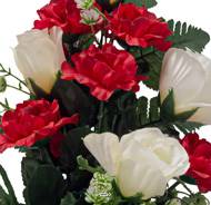 Vasque de Boutons de Roses fleurs artificielles pour le cimetière H 40 cm Lg 28 cm Rouge-orange