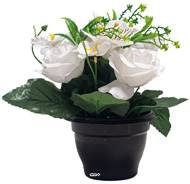 Pot de Roses fleurs artificielles pour le cimetière H 27 cm D 24 cm Blanc neige