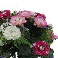 Pot fleurs artificielles pour le cimetière renoncules fleurettes H 36 cm D 30 cm Rose fushia