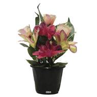 Pot pour la Tombe de Dahlias, Lys tigrés et Boutons de Rose artificiels Rose -Fuschia