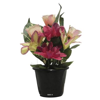 Pot pour la Tombe de Dahlias, Lys tigrés et Boutons de Rose artificiels Rose -Fuschia