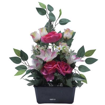 Jardinière fleurs Rose, Bouton de rose, Lys tigré et Ficus Rose fushiaartificiels pour la Toussaint