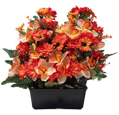 Imposante Jardinière de fleurs artificielles pour le cimetière H 57 cm Lg 48 cm Orange