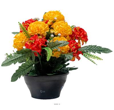 Vasque de Zinnias fleurs artificielles pour le cimetière H 31 cm D 32 cm Orange