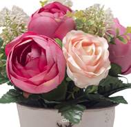 Pot Zinc fleurs artificielles Boutons de Pivoines pour le cimetière H 24 cm D 21 cm Fushia