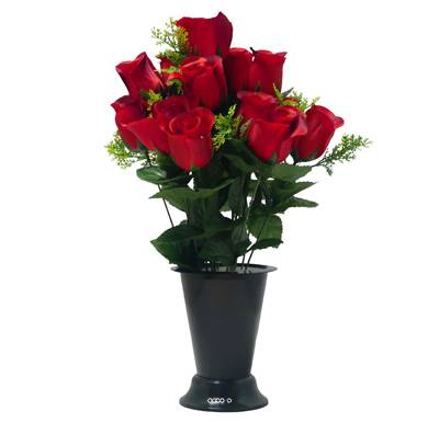 Pot Cône de Boutons de Roses fleurs artificielles pour le cimetière H 38 cm D 26 cm Rouge