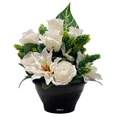 Pot de Roses et Lys fleurs artificielles pour le cimetière H 31 cm D 24 cm Crème