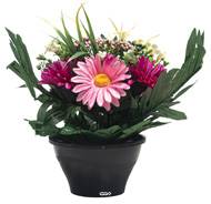 Vasque de Gerberas fleurs artificielles pour le cimetière H 26 cm D 23 cm Fushia