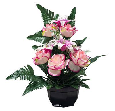 Vasque de Roses et Lys fleurs artificielles pour le cimetière H 43 cm Lg 23 cm Rose pâle