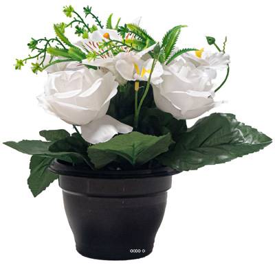 Pot de Roses fleurs artificielles pour le cimetière H 27 cm D 24 cm Blanc neige