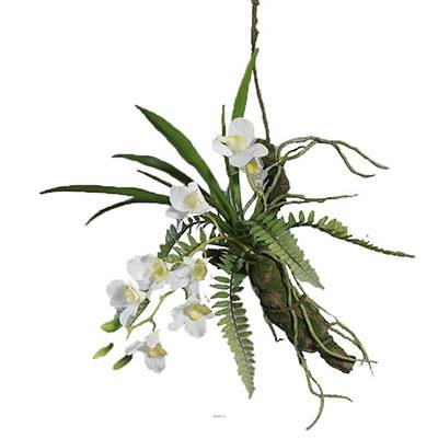 Orchidée Dendrobium factice Latex sur branche à suspendre L50cm Crème