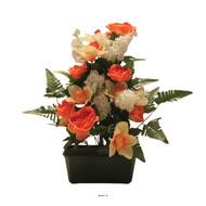 Composition fleurs artificielles cimetière jardinière lilas et orchidées H50 cm L50 cm Orange