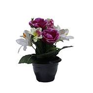 Composition fleurs artificielles cimetière pot roses lys arums H 28 cm D 25 cm Mauve violet