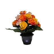 Fleurs artificielles cimetière pot de roses, min fleurs et gypsophiles H 36 cm D 32 cm Orange