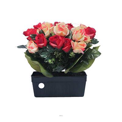 Jardinière funéraire fleurs artificielles cimetière boutons de roses Rouge-blanc