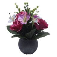Pot Boule Béton pour Tombe de Rose, Alstromeria, et Orchidées Rose fushia artificiels - Toussaint
