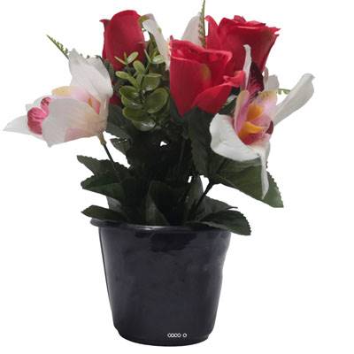 Pot de Rose, Lys et Orchidée artificiels pour la Toussaint Rouge