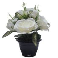 Pot de roses, bouton de rose et mini fleurs creme artificiels pour la Toussaint