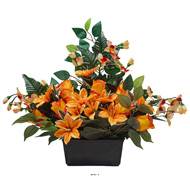 Devant de tombe fleurs artificielles pour le cimetière roses, Orchidées et lys H 50 cm Jaune-orange
